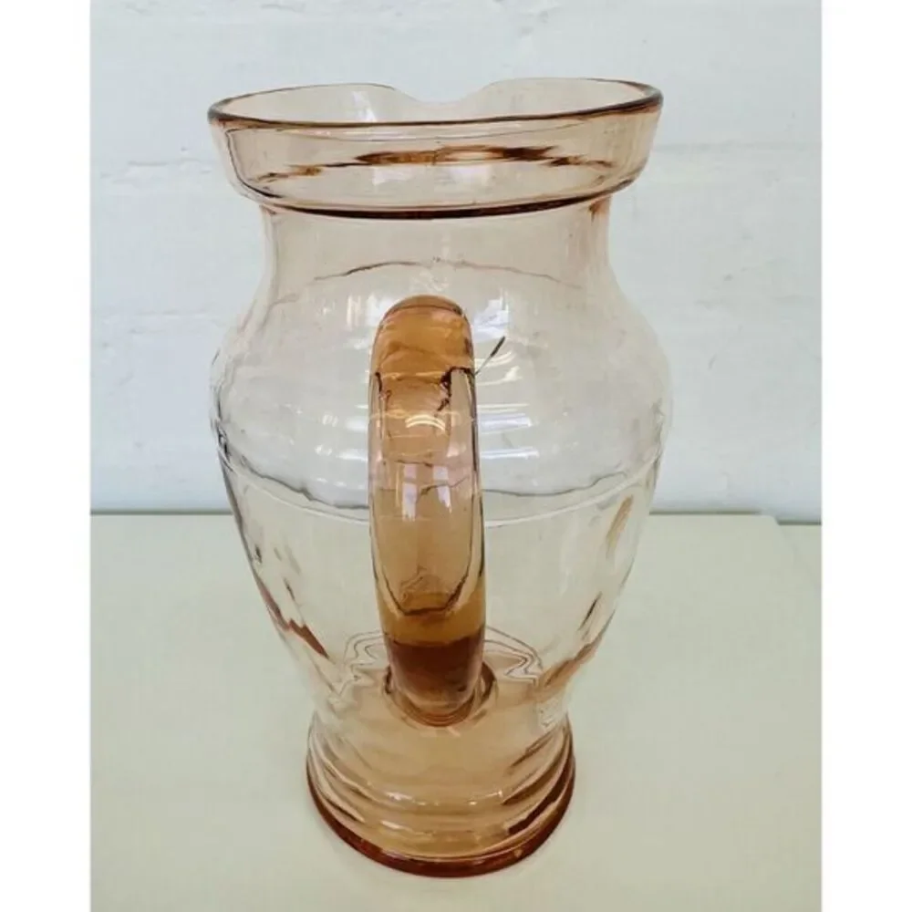 Depression Glass Pitcher Peachy Pink‎ Clear w/ Pattern Dot & Applied Handle VTG